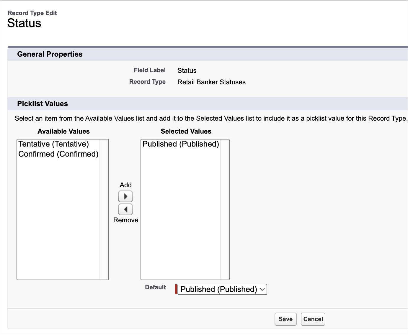The Status page with only the Published status in the list of selected values.