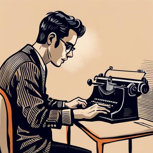 Un primer plano de una persona sentada frente a una máquina de escribir, ilustrado con el estilo de un cómico dibujo gráfico en vector en 2D.