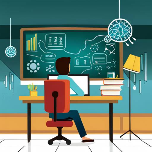 ニューラルネットワークのスケッチが描かれた黒板 (奥) がある大学の教室の一場面。楽しい 2D ベクトルのイラスト形式で描かれている、コンピューターでタイピングをする大学生 (手前)。