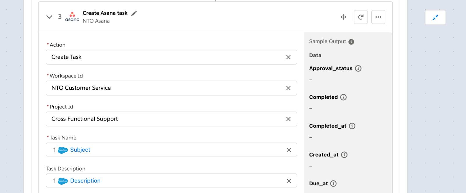 Step 3 of flow within second If branch showing task with Task Name and Task Description fields created in Asana.
