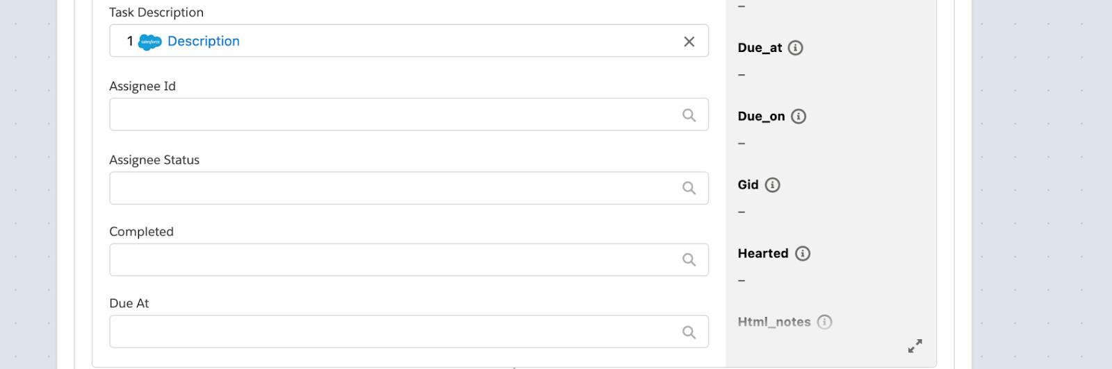 Asana で作成された [Assignee Id (割り当て先 ID)] や [Assignee Status (割り当て先の状況)] などの項目が表示されている、Else ブランチ内にあるフローのステップ 4 の残りの部分。