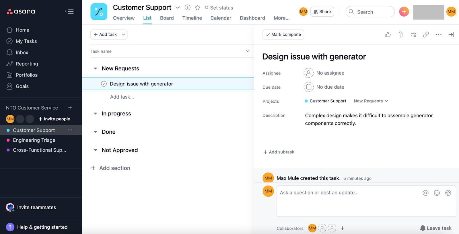 NTO 組織のケースに対応するタスクが表示されている Asana の Customer Support プロジェクト。