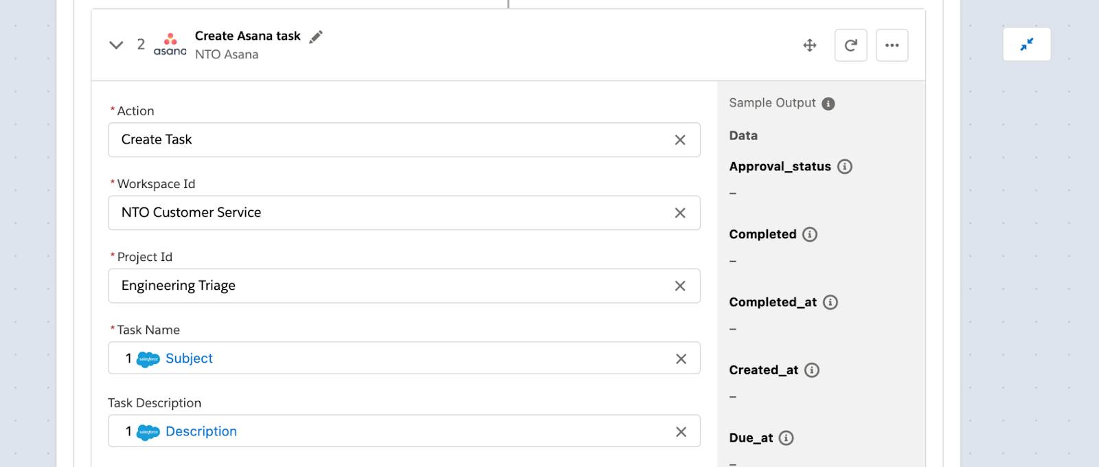 Asana で作成された [Task Name (タスク名)] 項目と [Task Description (タスクの説明)] 項目を使用するタスクが表示されている、1 つ目の If ブランチ内にあるフローのステップ 2。