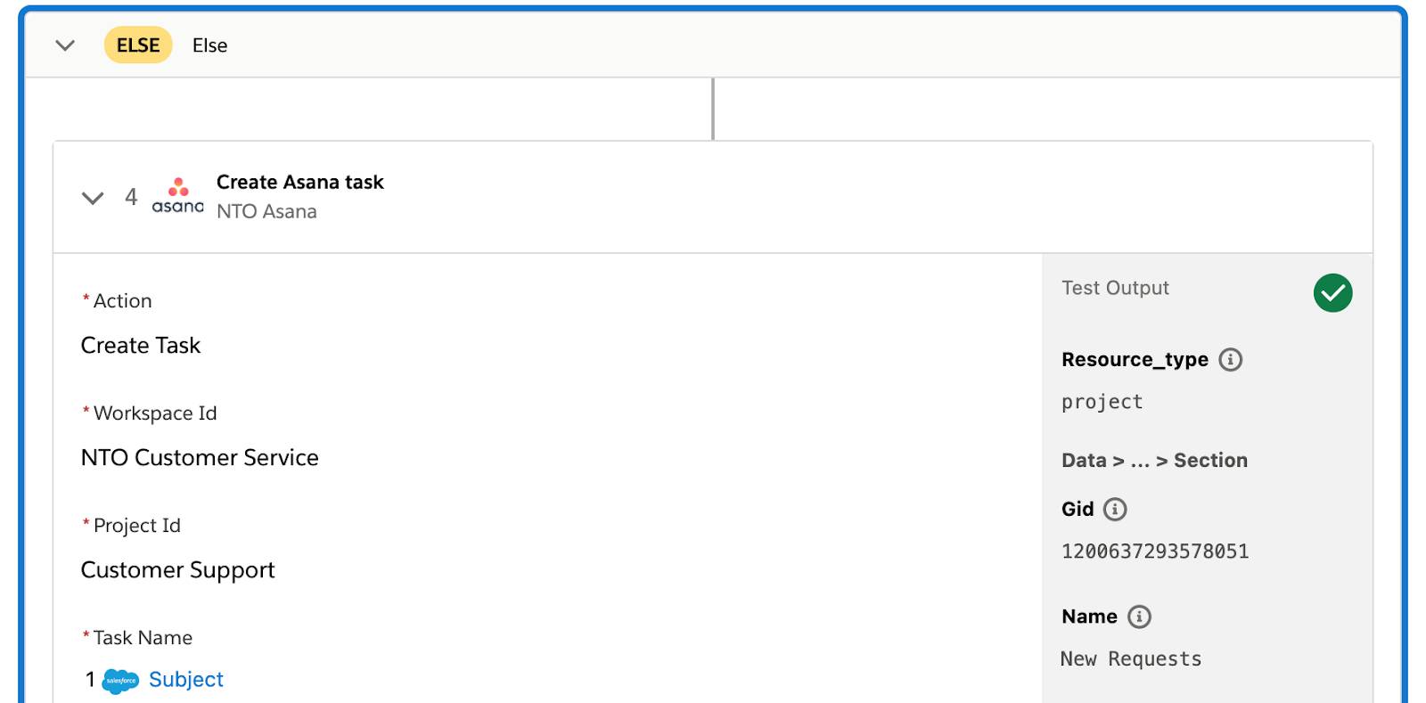 Else ブランチにある [Task Name (タスク名)] 項目を使用するステップ 4 に緑のチェックマークが表示されているテスト済みフロー。