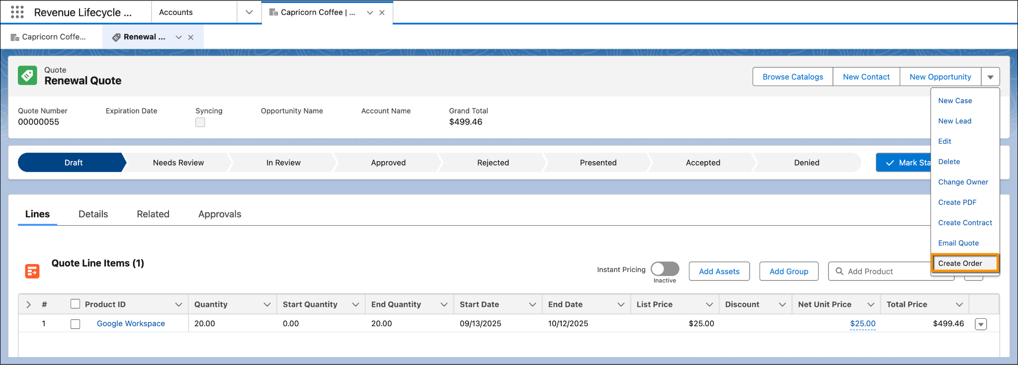 The Renewal Quote page with the Create Order button highlighted.