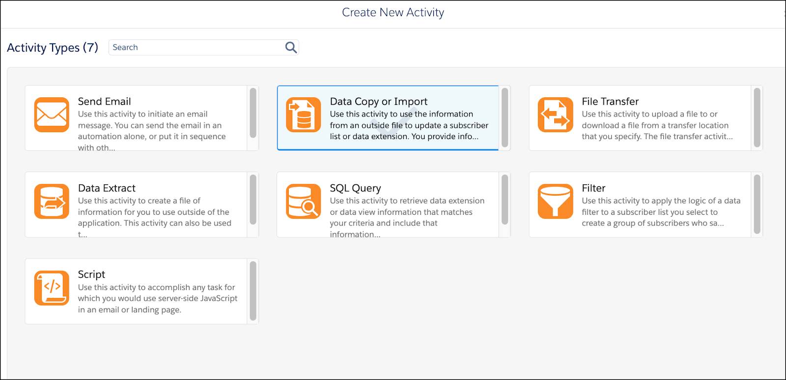 The import file activity type selected in Automation Studio activities.