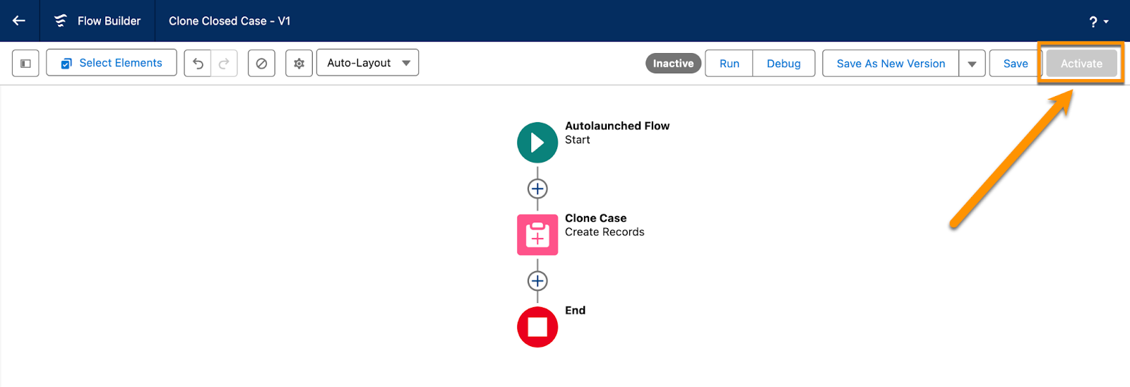 The Activate button in the Flow Builder button bar.