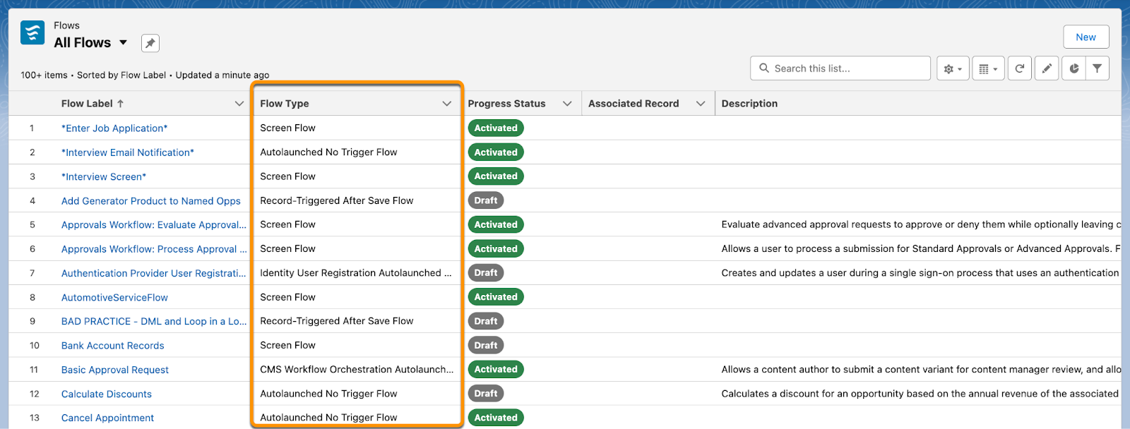 The All Flows list view on the Automation app shows each flow’s type.