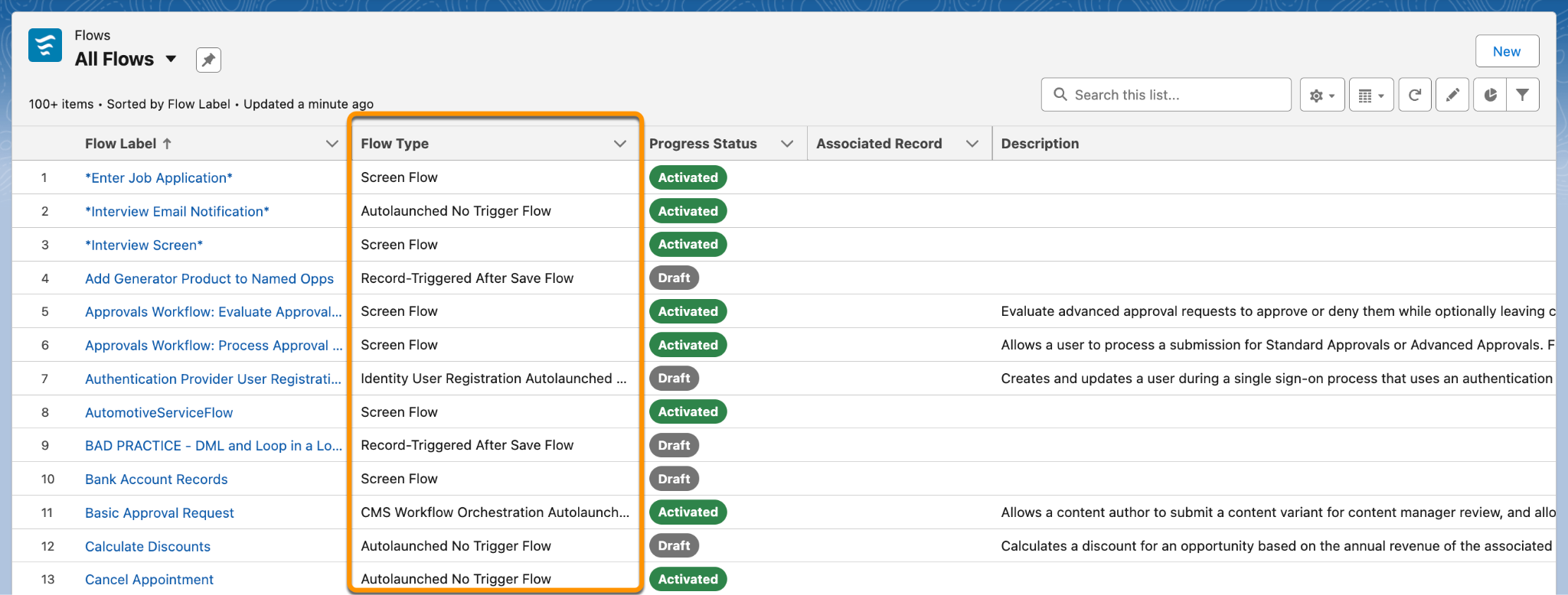 The All Flows list view on the Automation app shows each flow’s type.