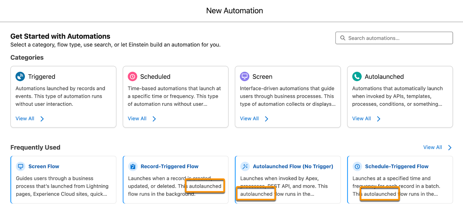 The New Automation screen on which three core flows—Record-Triggered Flow, Schedule-Triggered Flow, and Autolaunched Flow (No Trigger)—are described as an autolaunched flow that runs in the background.