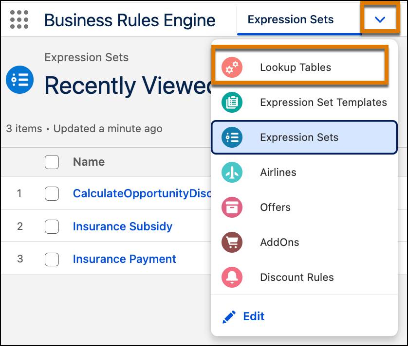 The app navigation menu with the dropdown arrow and Lookup Tables options highlighted.