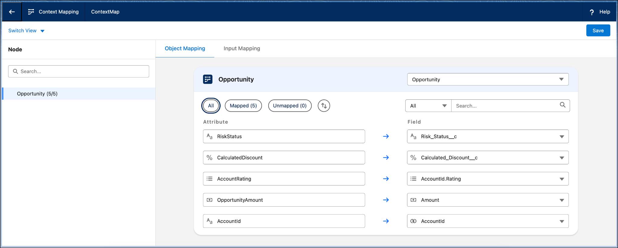 The Context Mapping page showing the mappings between nodes and objects, and attributes and fields.