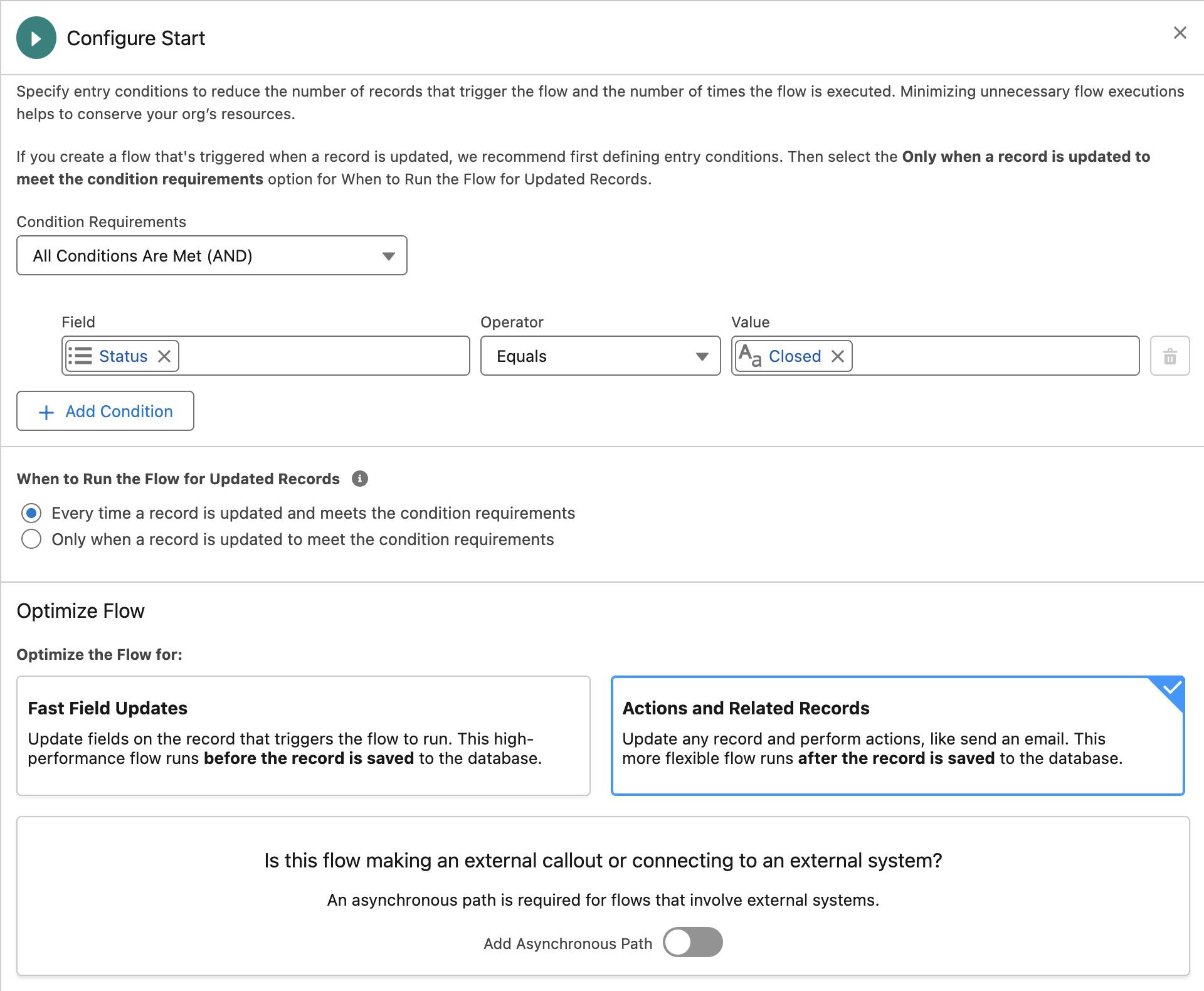 The Configure Start panel showing the configuration of a flow in the Flow Builder to identify service cases marked as Closed.