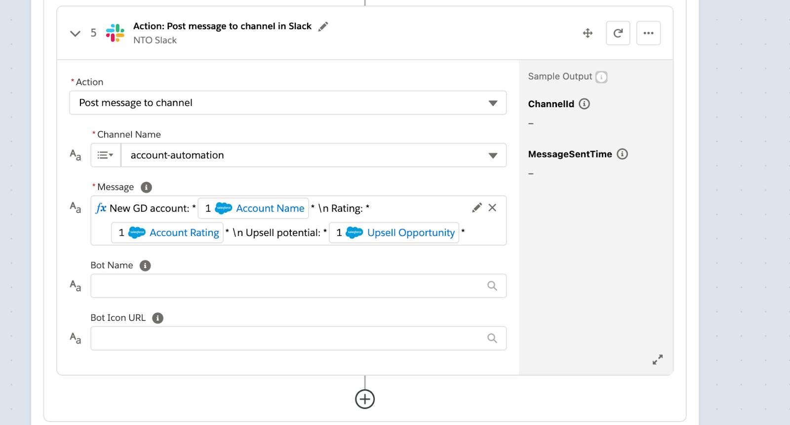 account-automation チャネルに新規 GD アカウントに関するメッセージを投稿するフローのステップ 5。