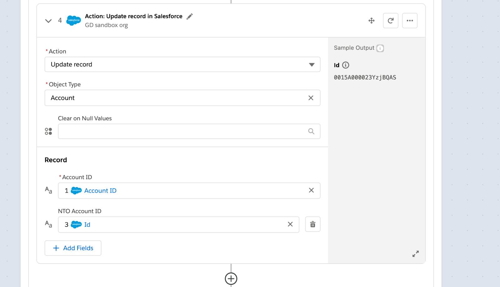 NTO 取引先 ID で GD 取引先を更新するフローのステップ 4。