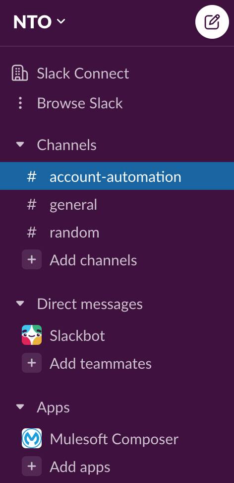 account-automation チャネルが強調表示された Slack サイドバー。