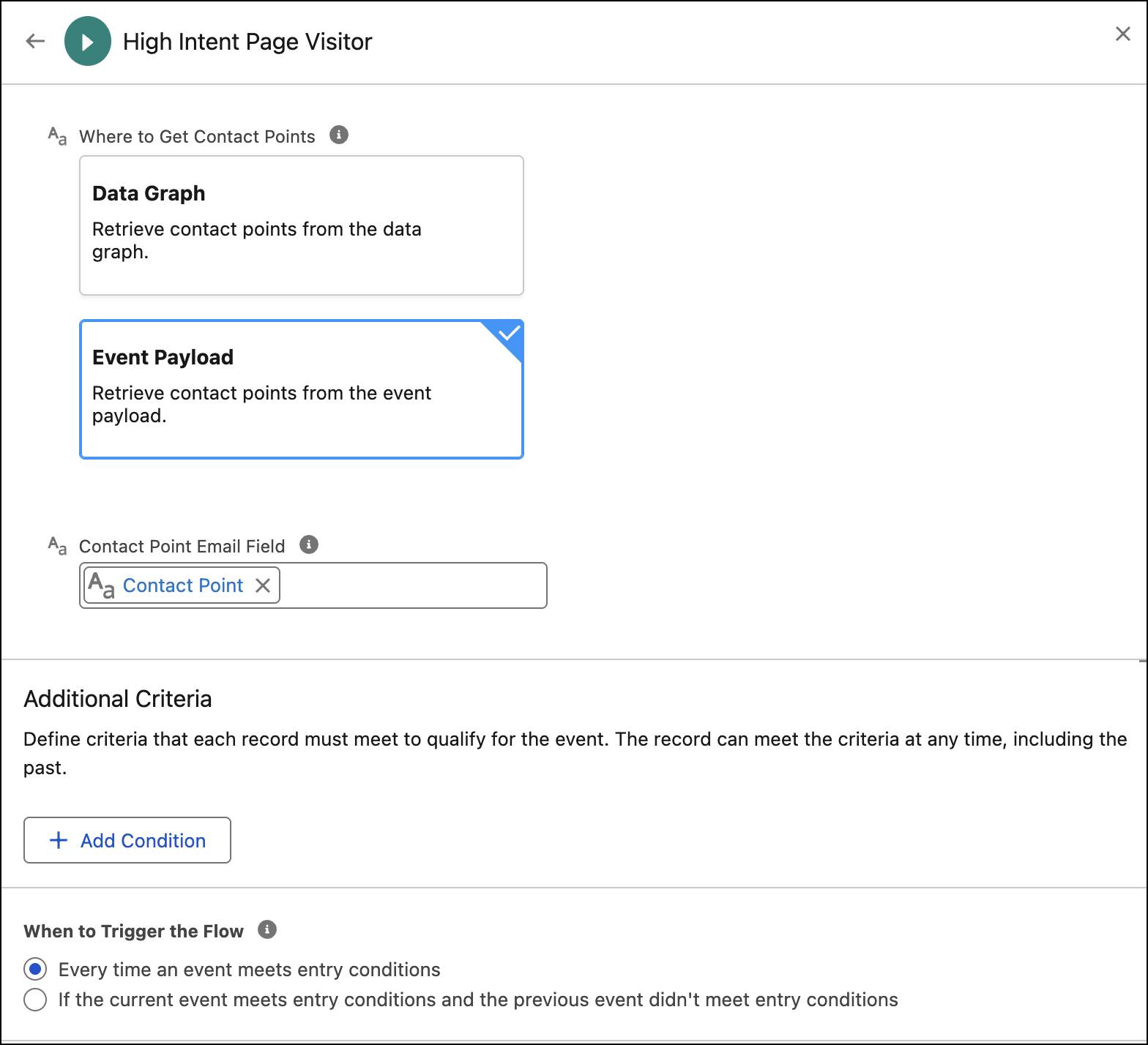 The start element where you select the engagement signal and the contacts to act on.