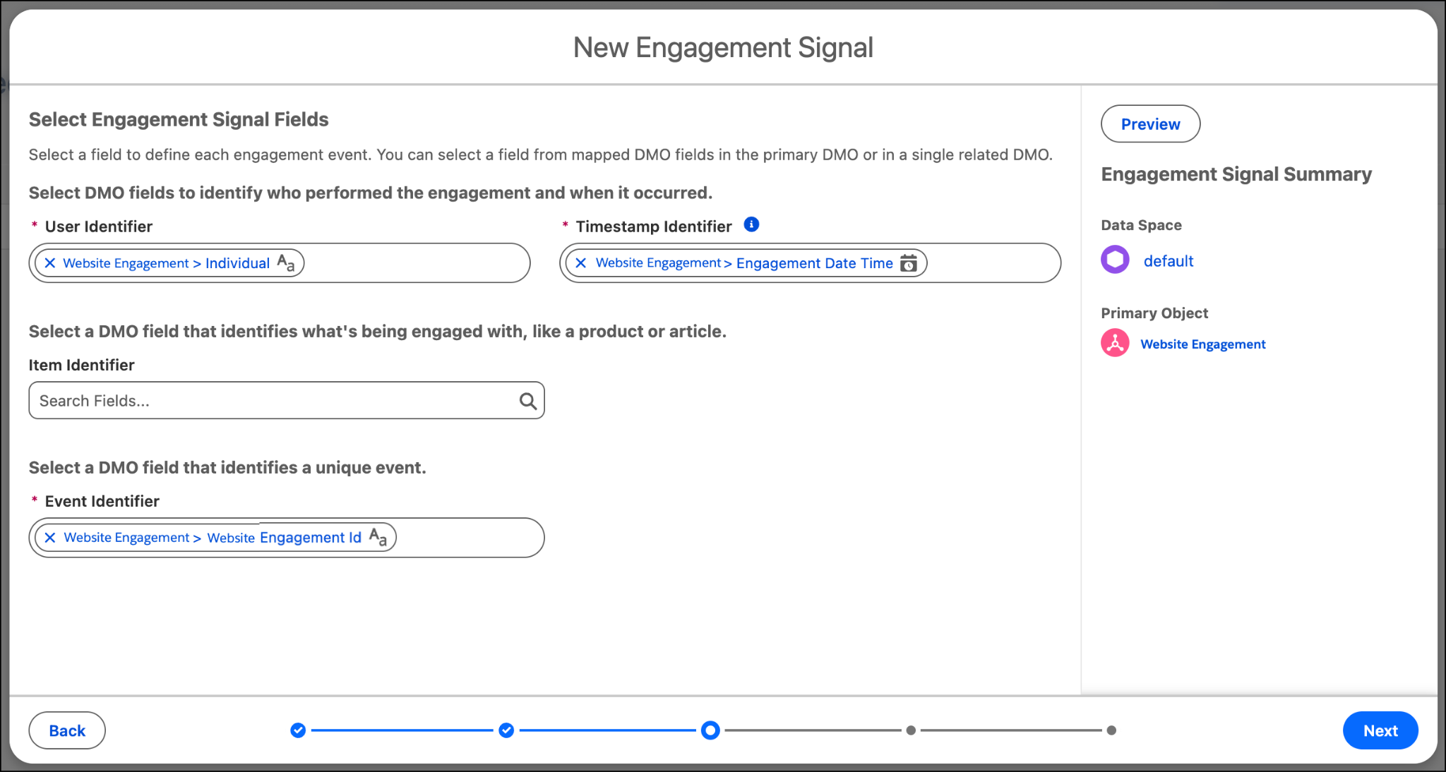 The New Engagement Signal window where you select the fields to define the engagement event.