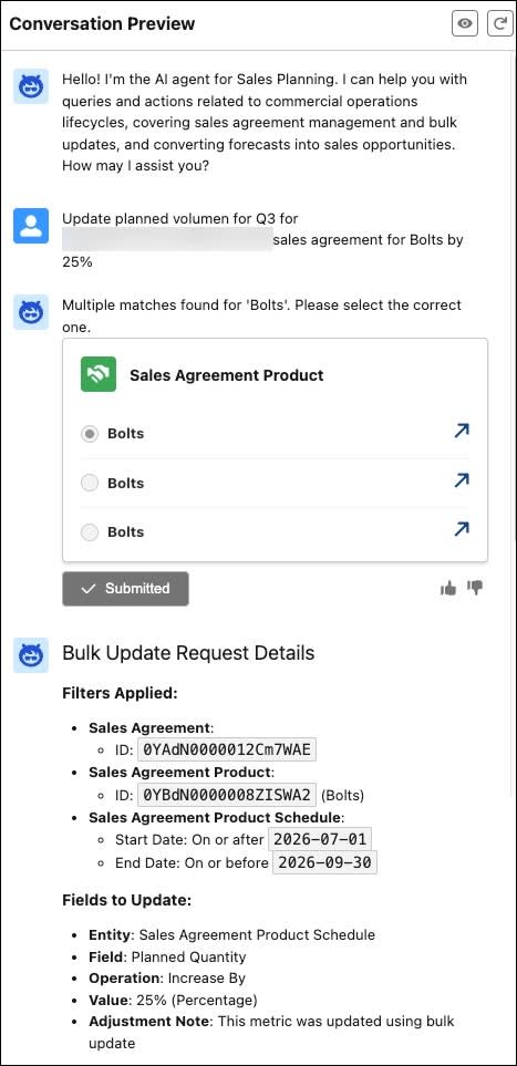 The sales planning agent bulk updating products across multiple sales agreements.