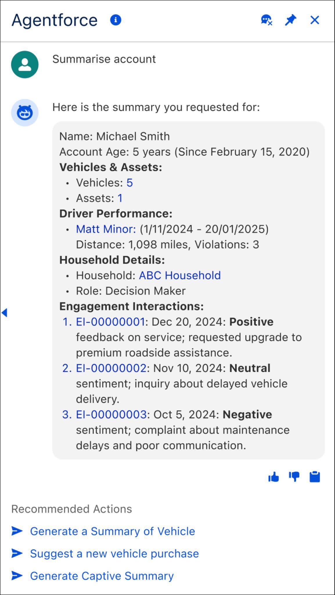 The Automotive Sales Concierge agent providing a summary of an account.