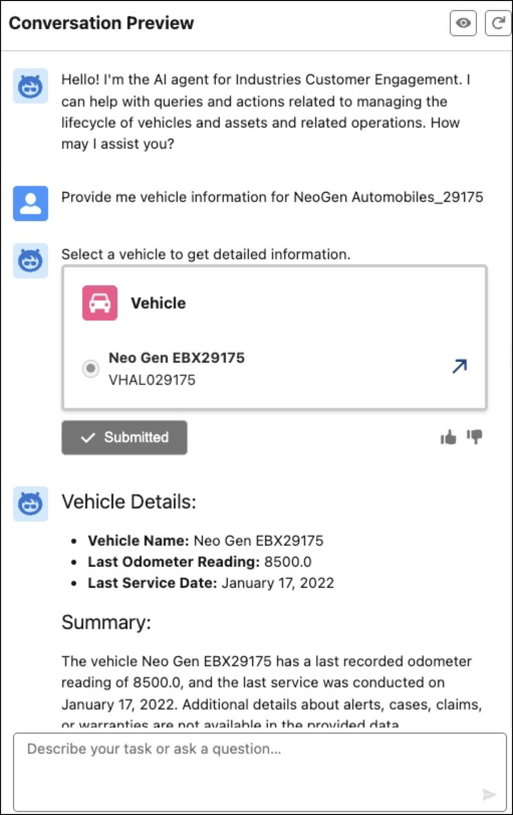 The customer engagement agents providing vehicle information for an account.