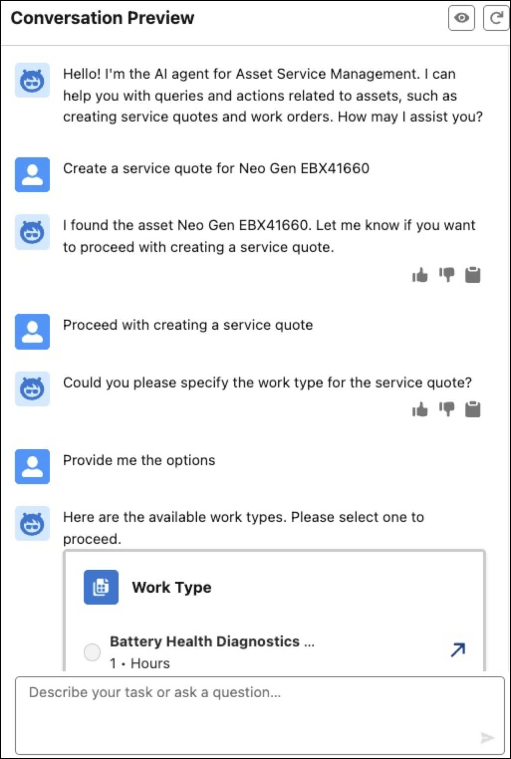 The Automotive Asset Service Management agent generating a service quote for a vehicle.