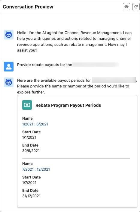 Channel Revenue Management agent showing rebate payouts for a member.