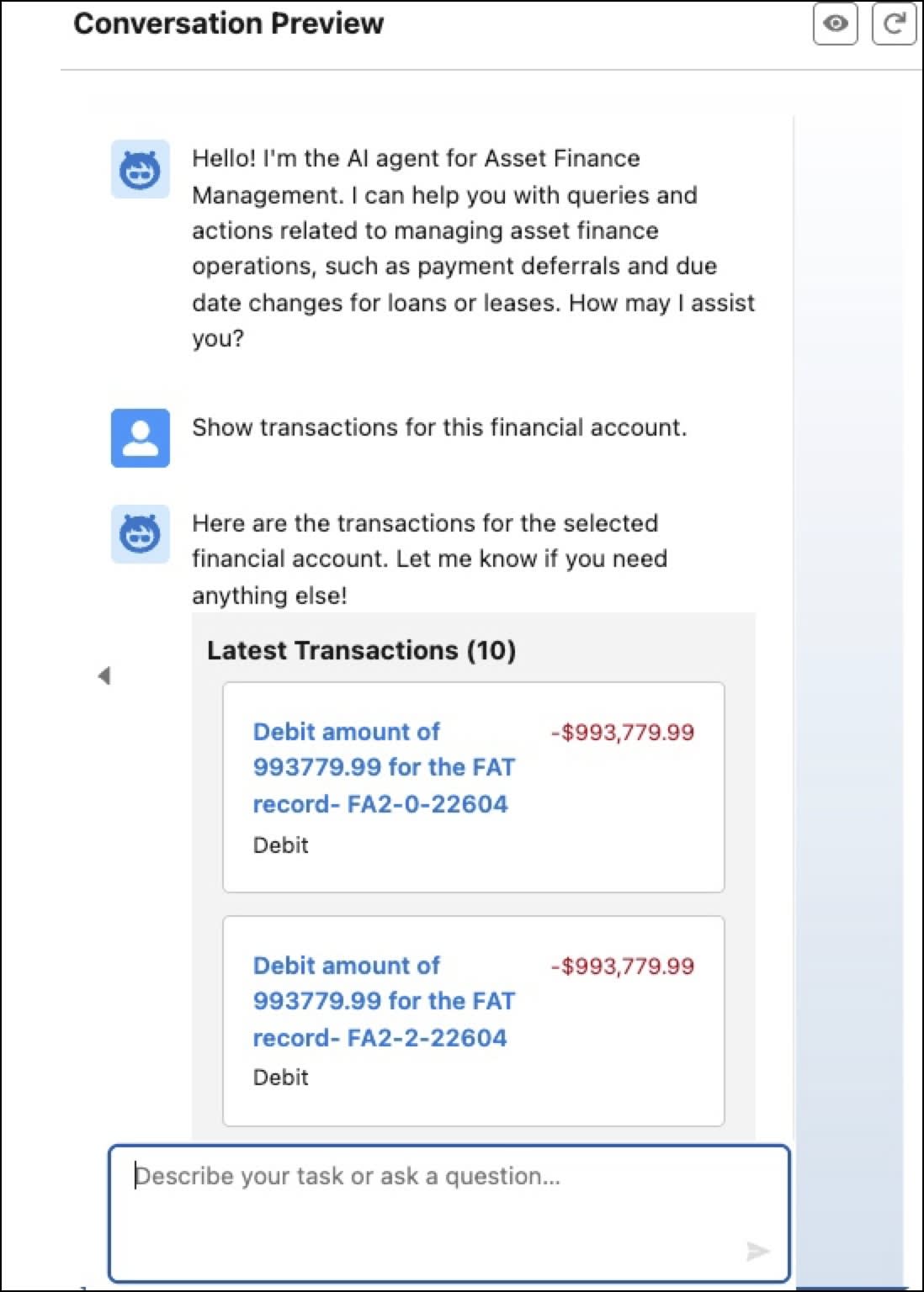 The Asset Finance Management agent showing transactions associated with an account.