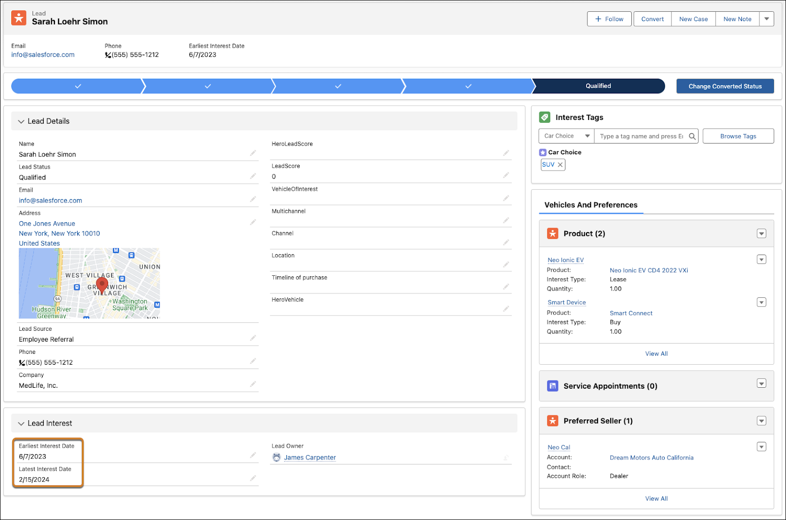 Automotive Cloud のリードが関心を示した日、関心タグ、希望商品と希望販売業者が表示されているリードレコード