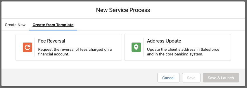 The New Service Process window showing templates for creating automotive-specific service definitions.