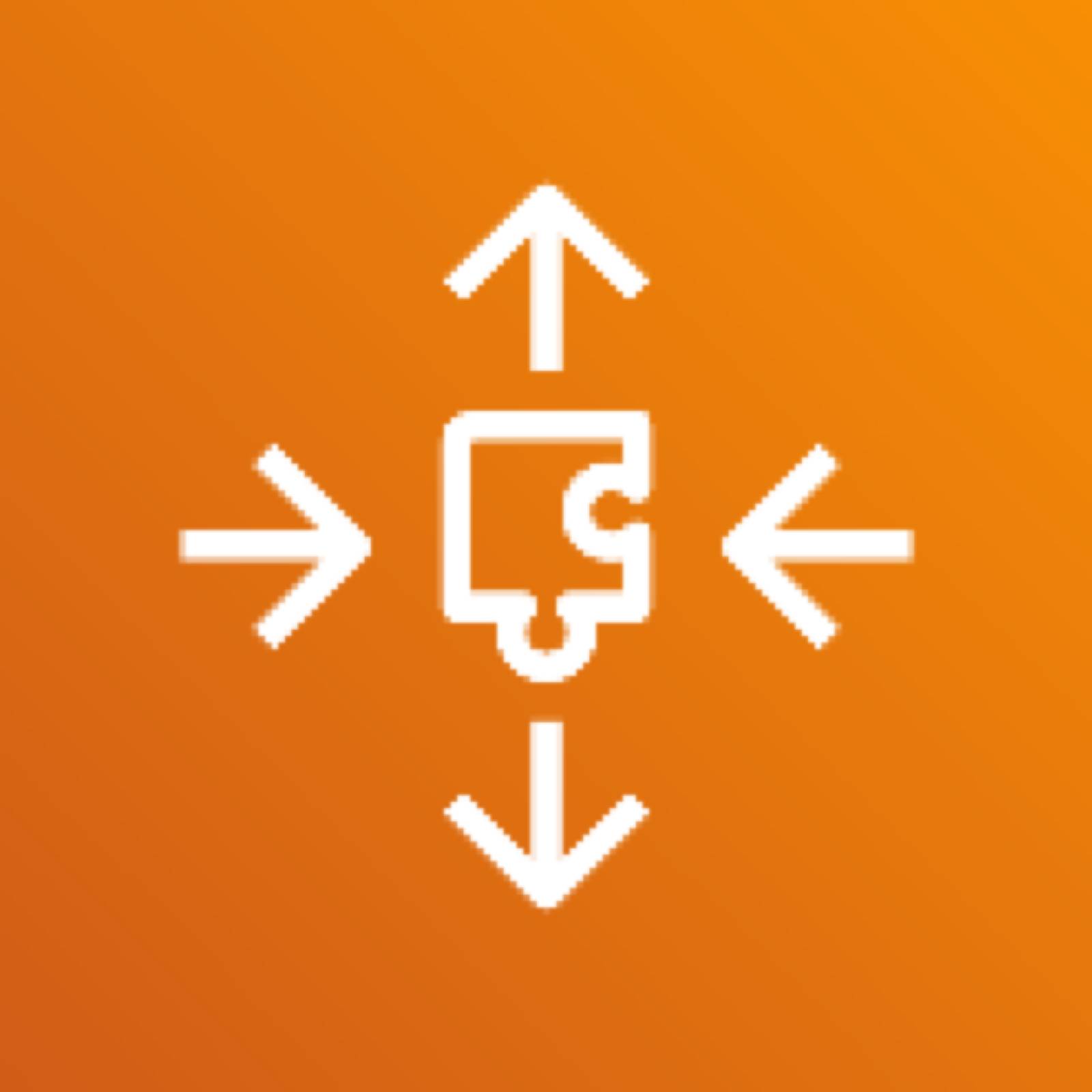 AWS Application Auto Scaling icon depicting a puzzle piece with horizontal arrows pointing toward it and vertical arrows pointing away, against an orange background