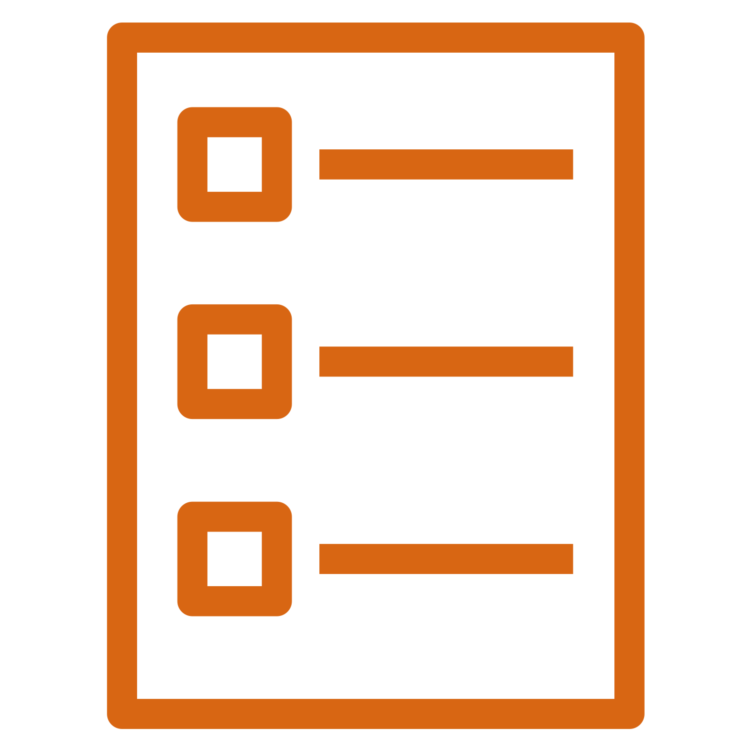 Icon depicting a checklist, with three rows consisting of a square checkbox and a horizontal line