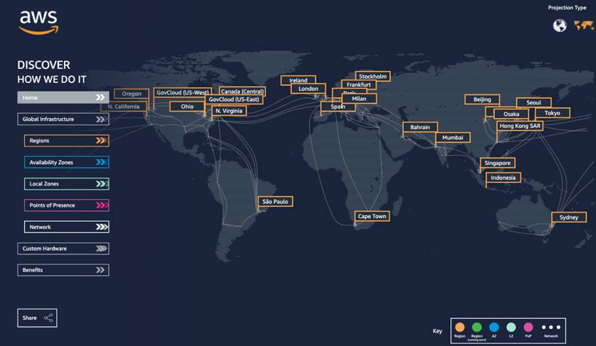 A map with all of the AWS regions across the globe