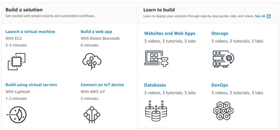 Build a solution and Learn to build sections on the AWS console page.