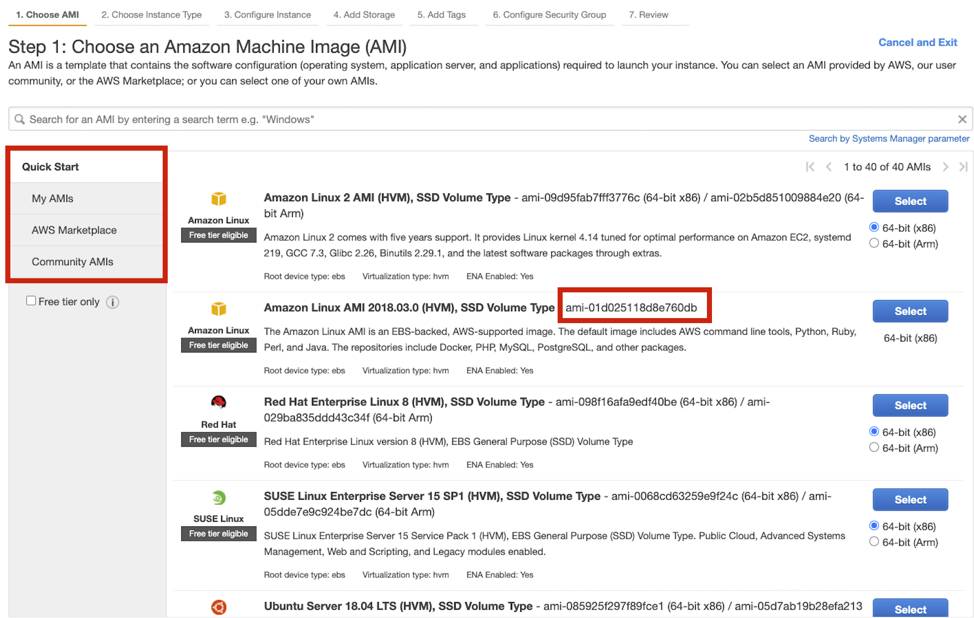 Screenshot of the console. You can choose from four categories: Quick Start, My AMIs, AWS Marketplace, and Community AMIs. This is highlighted by a red box. Quick Start is selected. Each AMI has an AMI-ID. The AMI-ID for Amazon Linux is highlighted by another red box.