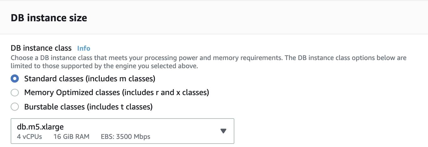 A screenshot of the database creation process in the RDS console, where you choose instance type and size.