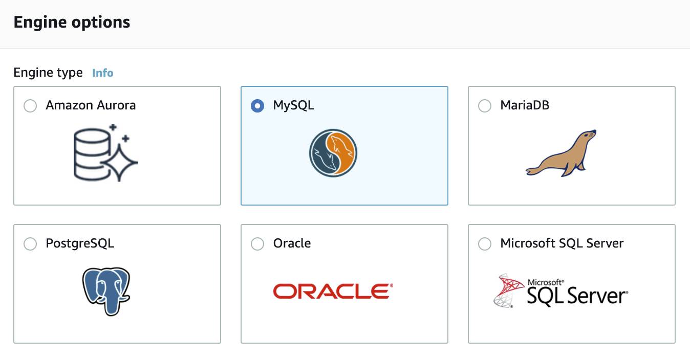 A screenshot of the database creation process in the RDS console, where you choose database engine type.