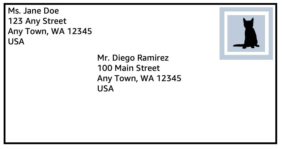 Envelope with the address of the sender, recipient, and a stamp