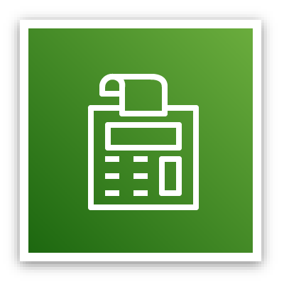 AWS Cost Management Services icon depicting an adding machine against a green background