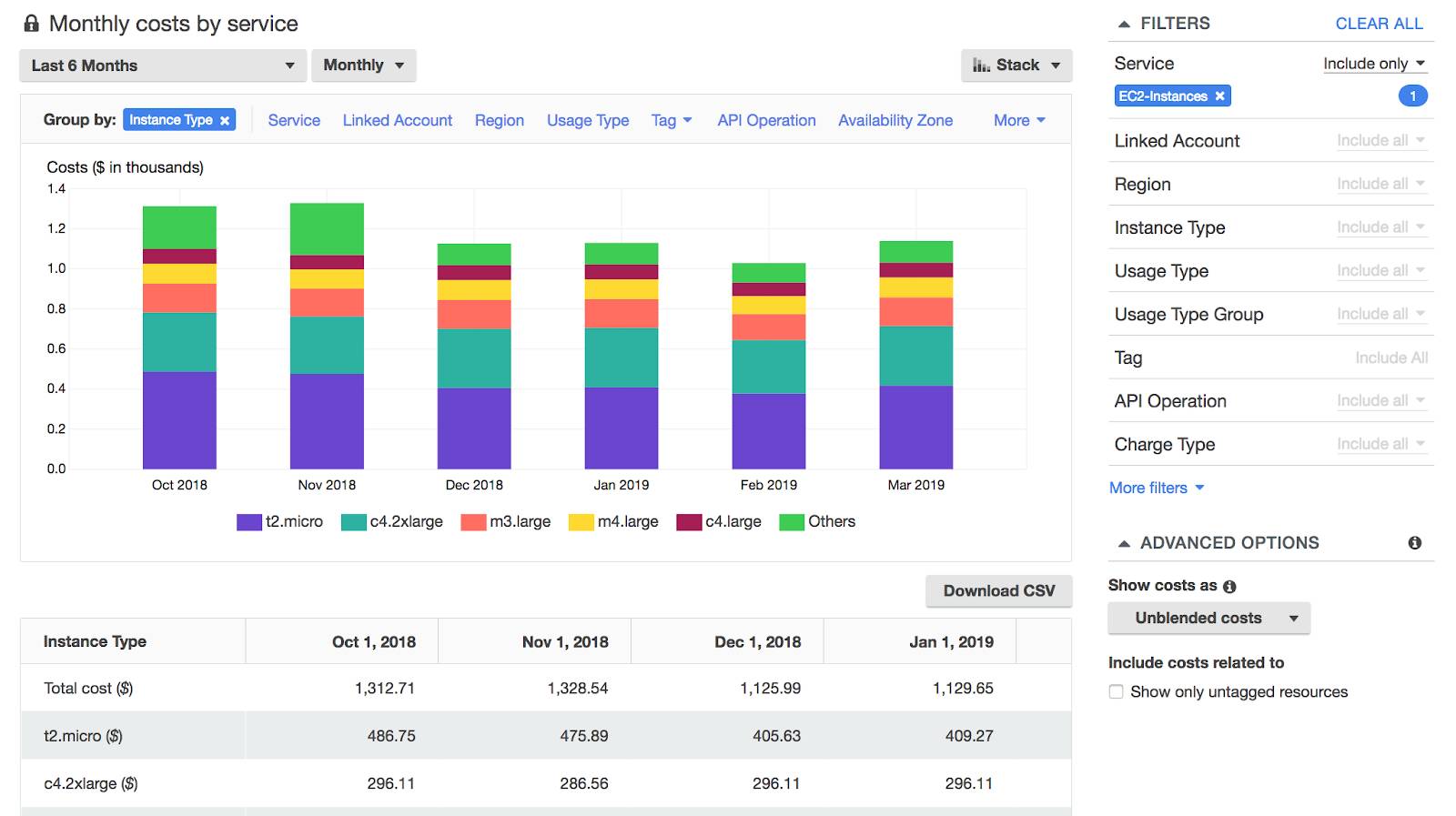 Monthly Costs by AWS Service report showing a color-coded bar graph with cost per Amazon Elastic Compute Cloud instance type for 6 months