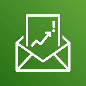 AWS Budgets icon depicting an envelope with a protruding document showing a jagged arrow point upwards toward an exclamation point against a green background