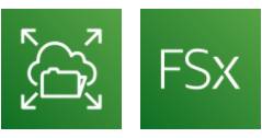 Amazon EFS depicted bﬁy a file folder and cloud with arrows indicating scale, and Amazon FSx service icons.