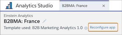 Reconfigure app(앱 재구성)이 하이라이트된 Einstein Analytics 도구 모음.