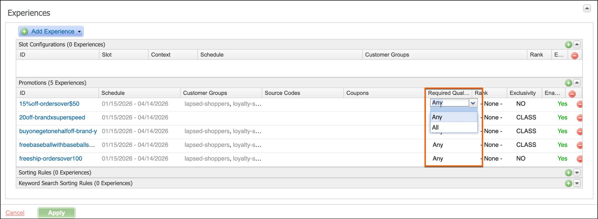 In Business Manager, select any or all for a promotion experience within a campaign.