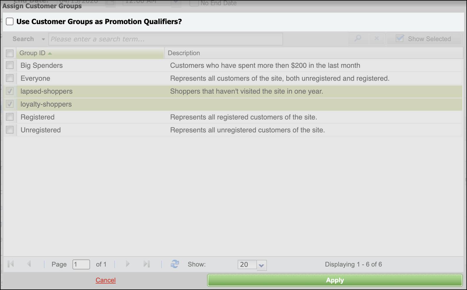 Business Manager で [Use Customer Groups as Promotion Qualifiers? (顧客グループをプロモーションの限定子として使用しますか?)] をオフにしてプロモーションから削除する様子。