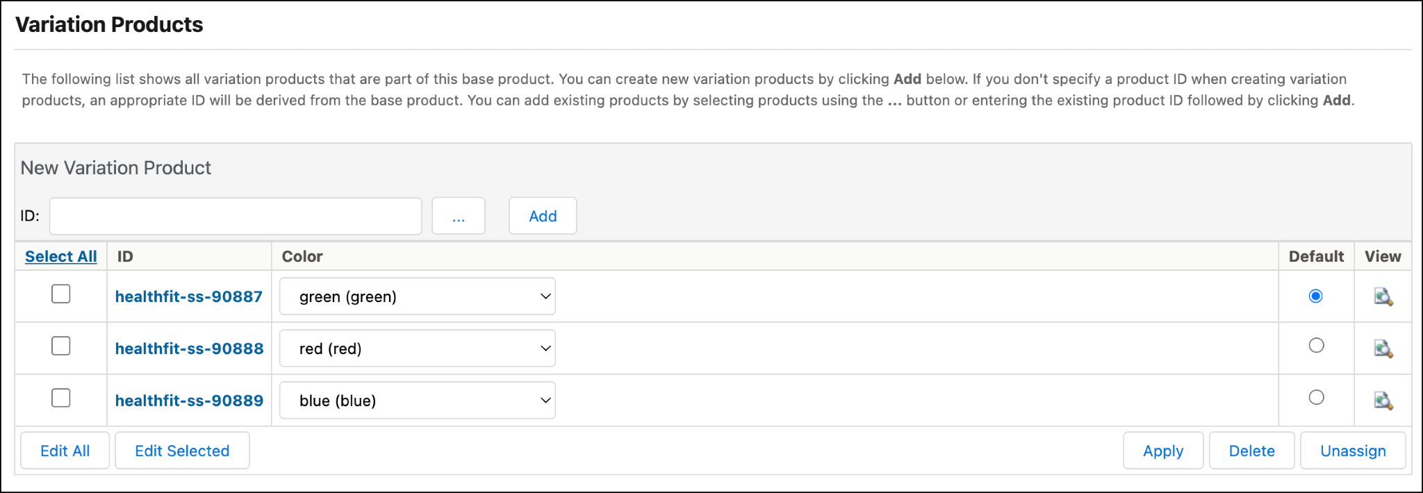 Three variation products in Business Manager