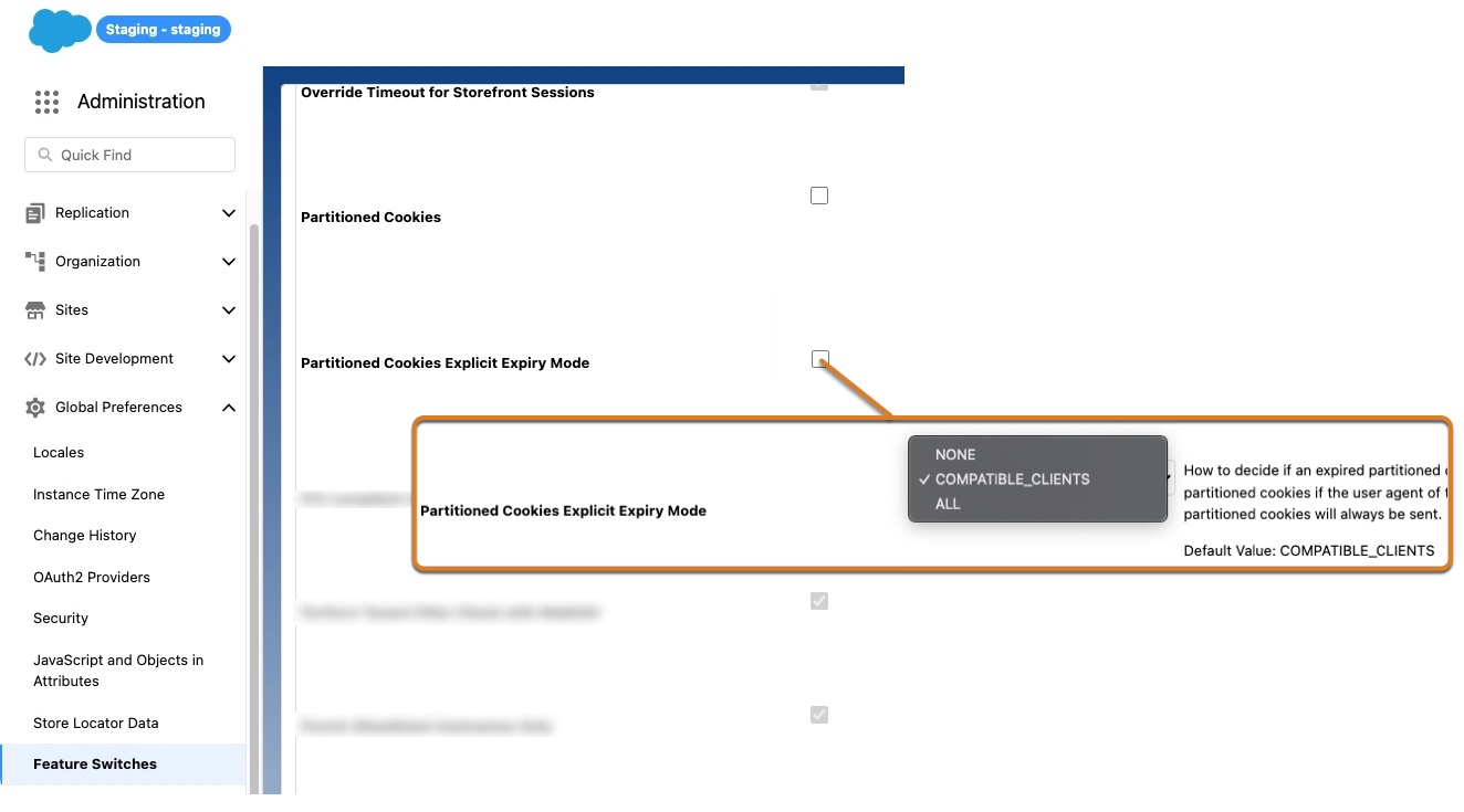 Feature switch for Partitioned Cookie Explicit Expiry Mode highlighted to show default setting of Compatible_Clients.