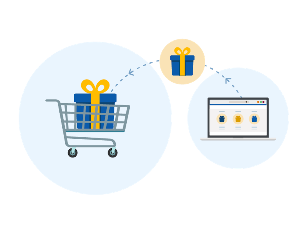 A laptop showing an e-commerce website, a wrapped present with a bow, and a full shopping cart. The images are connected by dotted lines.