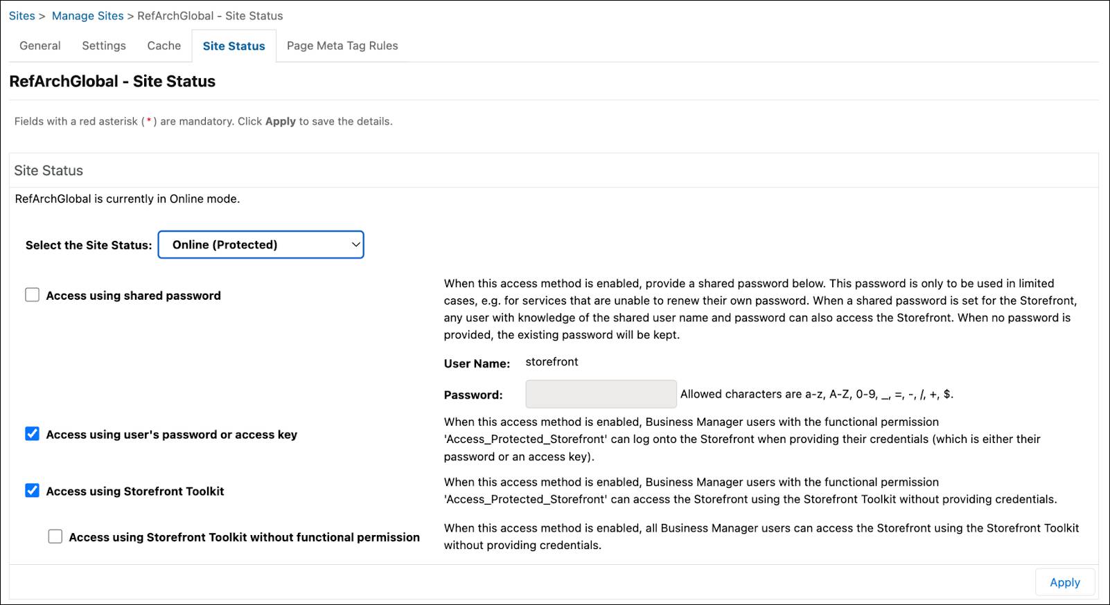 Business Manager Site Status page showing storefront password protection modes.