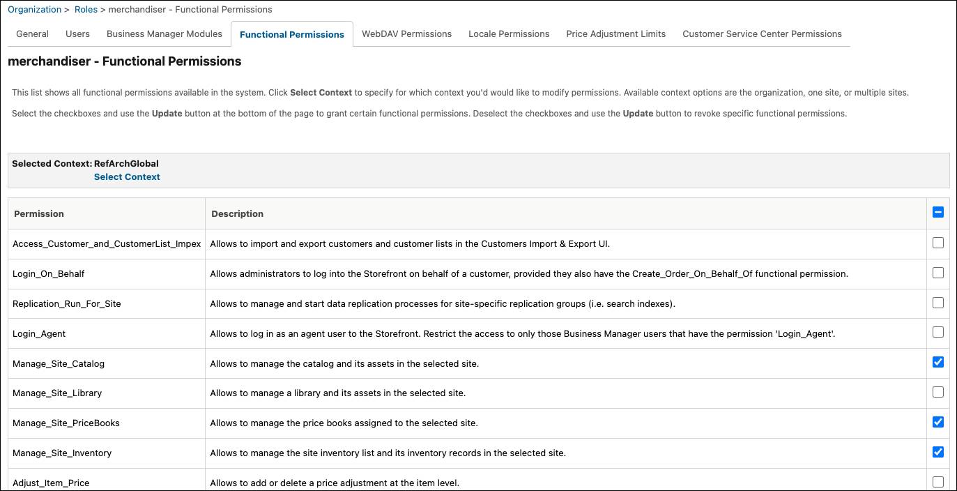Business Manager Functional Permissions page.
